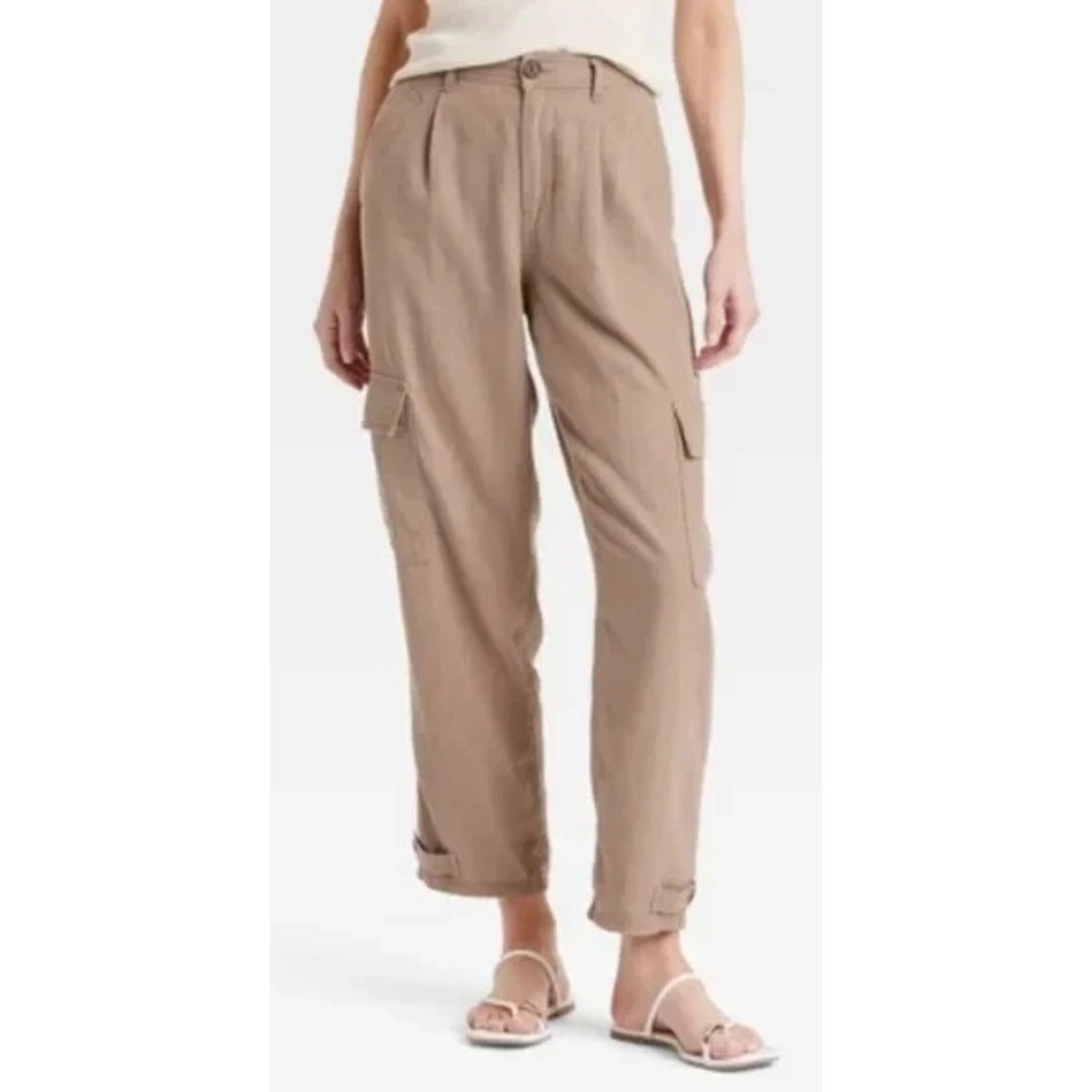 A New Day Brown Linen Pleated Cargo Straight Ankle Pants 14 NWT